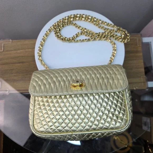 Bally Gold Quilted Lambskin Leather Crossbody Bag Purse Gold Chain Small Vintage - Picture 15 of 15